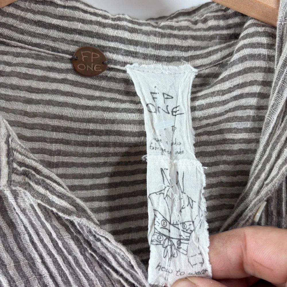 Free People FP One Button Down Shirt Womens XS Brown Striped Tie Waist Boho Top